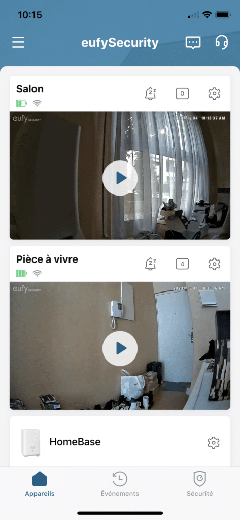 Application page d'accueil cameras