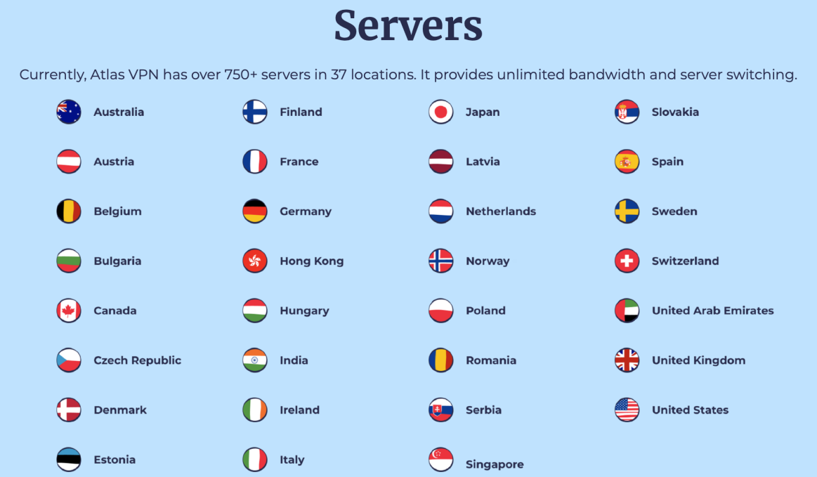 serveurs pays Atlas VPN
