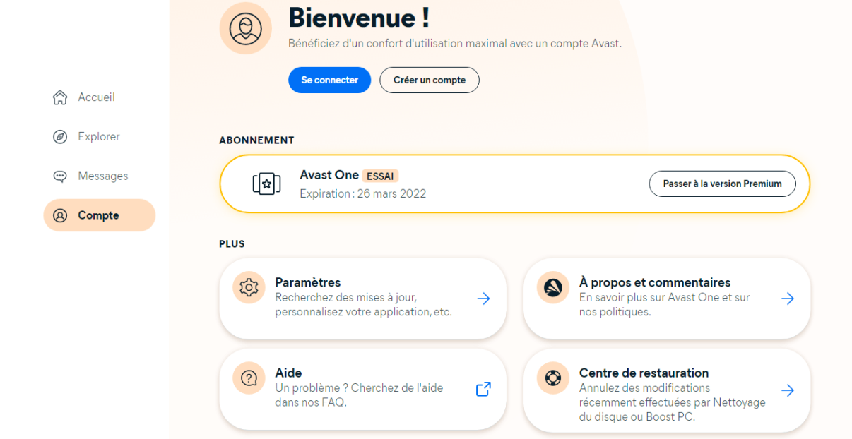 Avast One Dashboard Compte