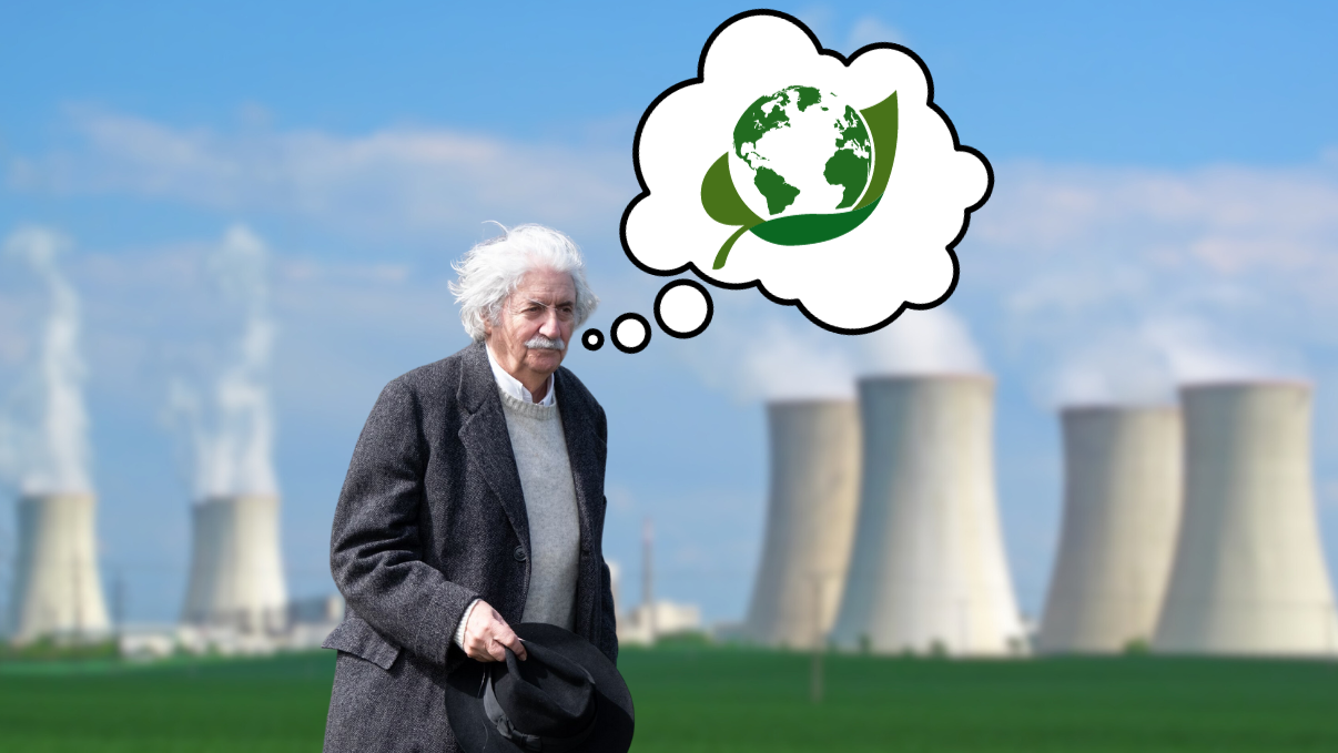 Einstein se tient devant une centrale nucléaire