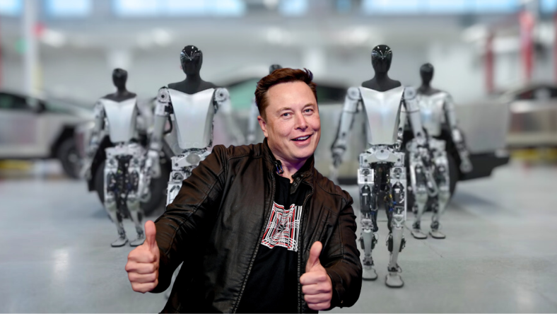 Elon Musk heureux devant les robots Tesla Optimus