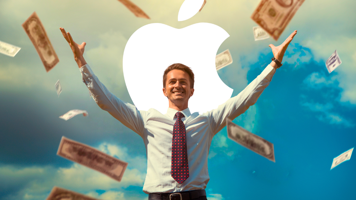 Un monsieur très heureux devant une pluie d'argent devant le logo Apple