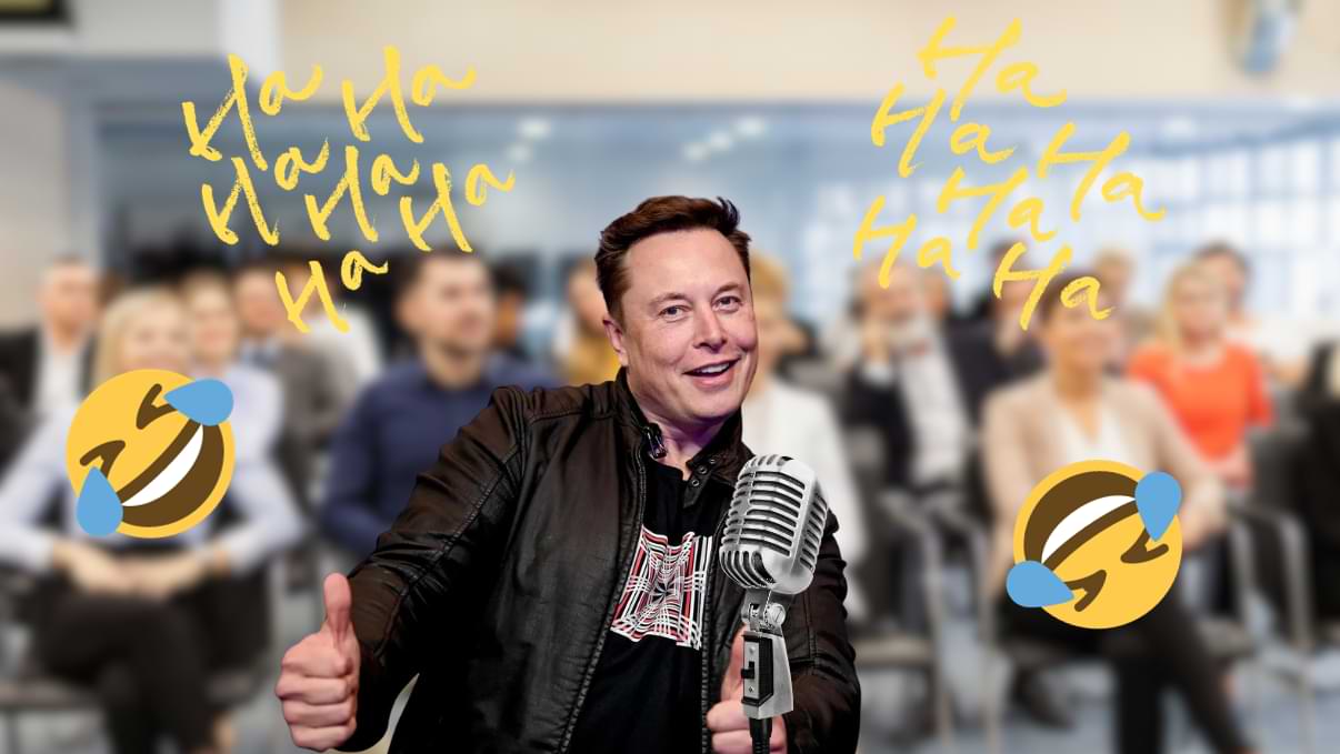 Elon Musk est entouré d'un public qui rigole à ses blagues