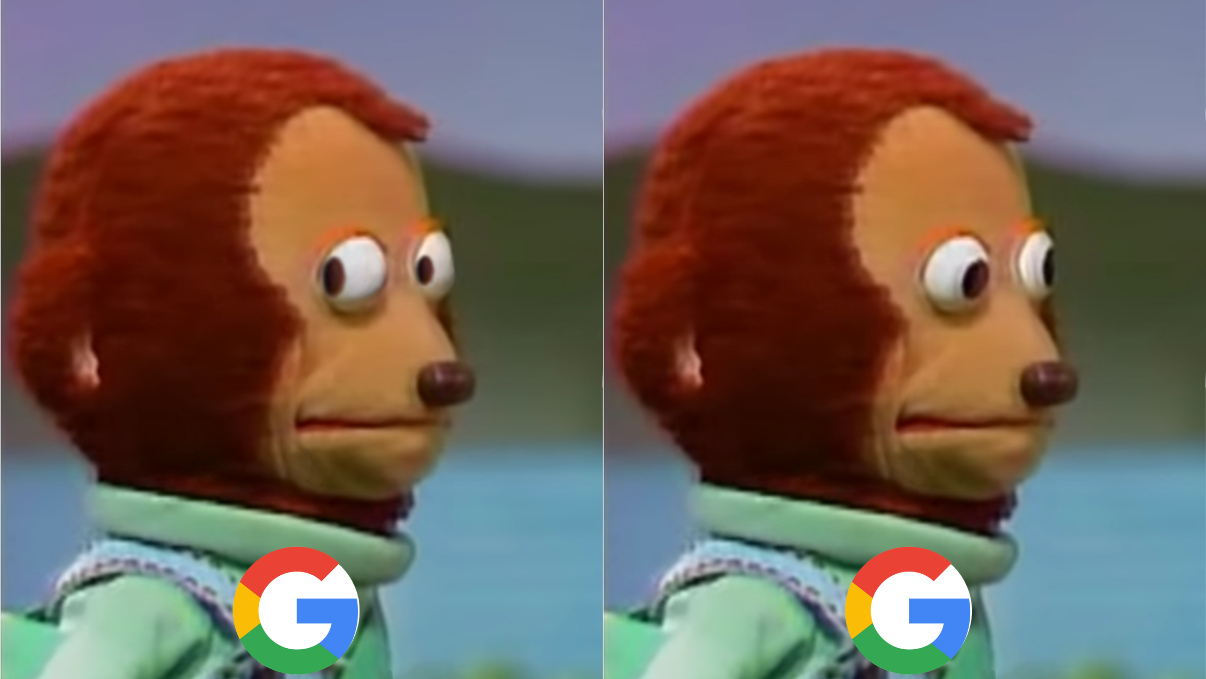 Le meme du petit singe qui regarde sur le côté avec un badge Google