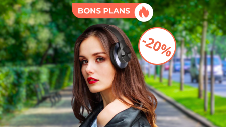Une femme a un casque OneOdio en promotion sur les oreilles