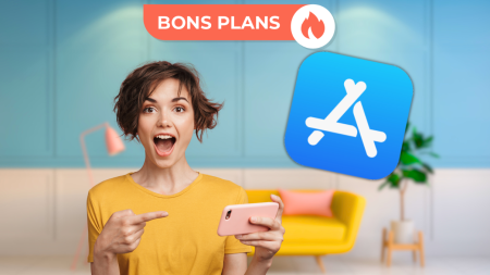 Une femme est heureuse devant le bon plan de l'App Store