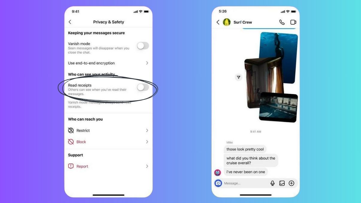 Captures d'écran de la future option Instagram pour désactiver la confirmation de lecture des messages privés