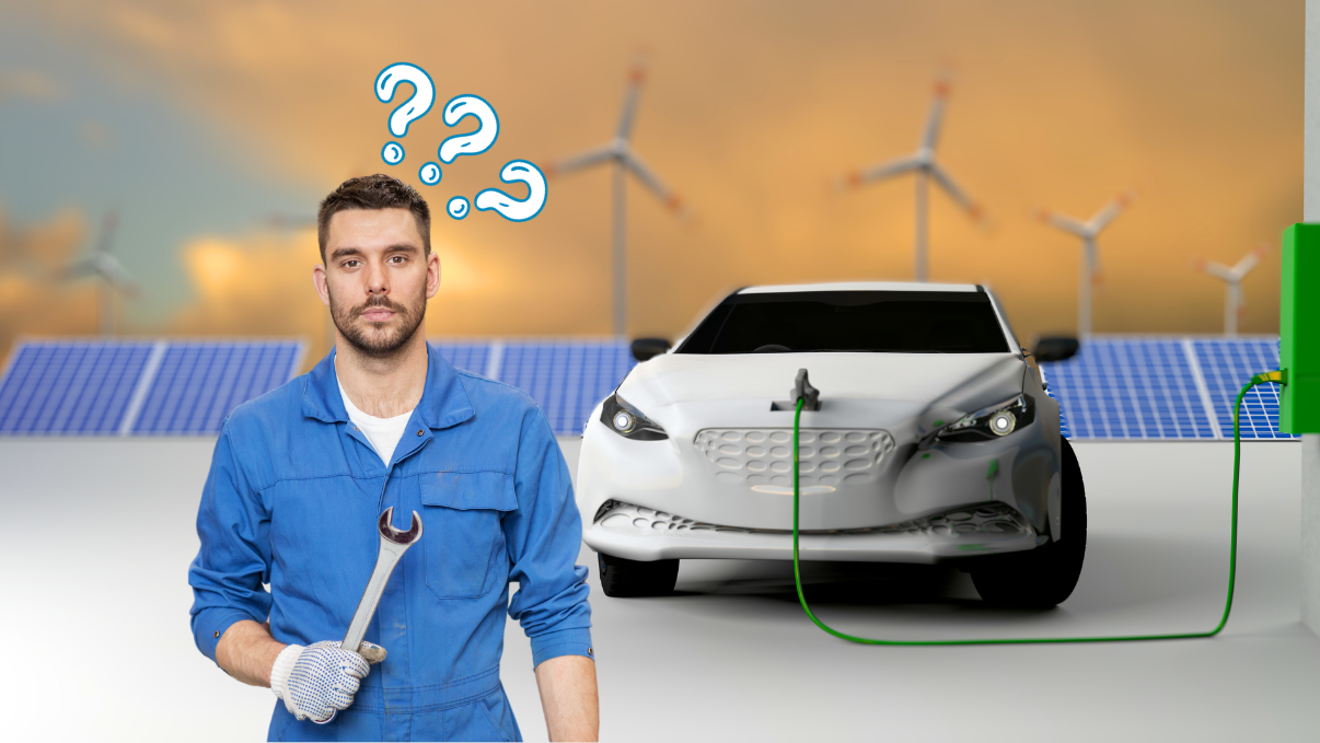 Un garagiste se pose des questions devant une voiture électrique