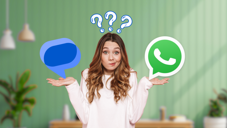 Une femme indécise sur le choix de son application de message : Google message ou WhatsApp