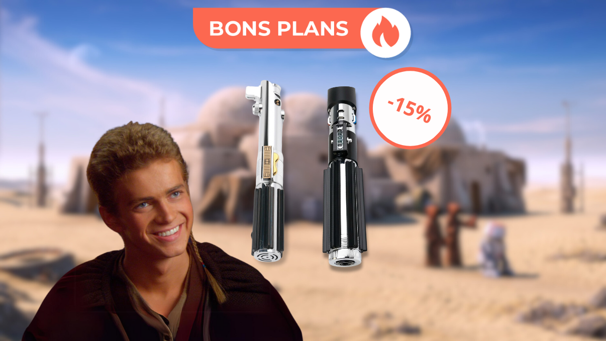 Anakin est heureux devant des sabres lasers en promo