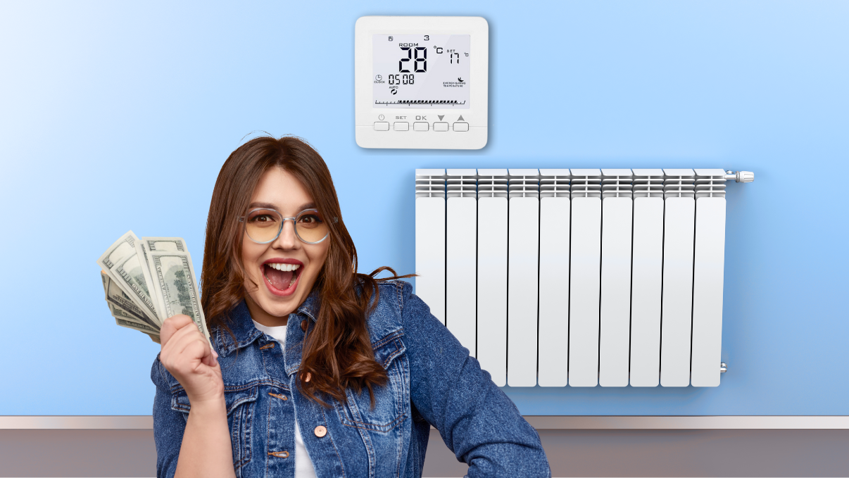 Une femme est heureuse de la nouvelle prime d'état sur les thermostats connectés