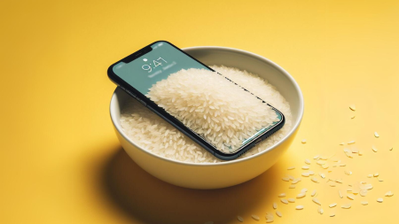 Un iPhone est dans un bol de riz