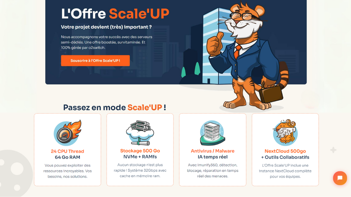 Capture d'écran de l'offre Scale'UP d'O2Switch hébergement site internet